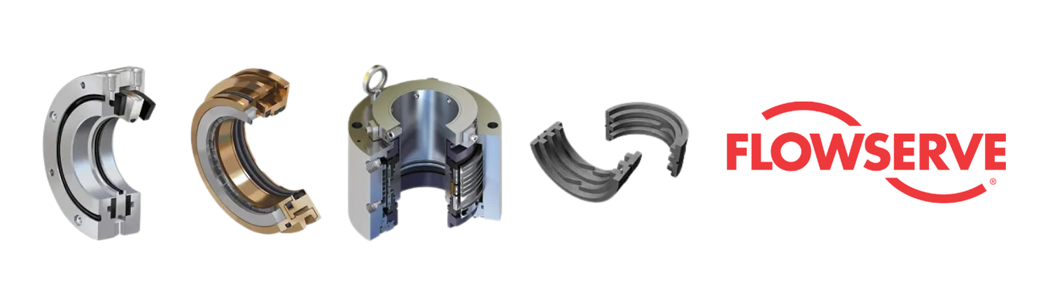 Flowserve split mechanical seals in stainless steel and bronze, a cutaway cartridge seal with a lifting eye, segmented carbon seal rings, and the red Flowserve logo
